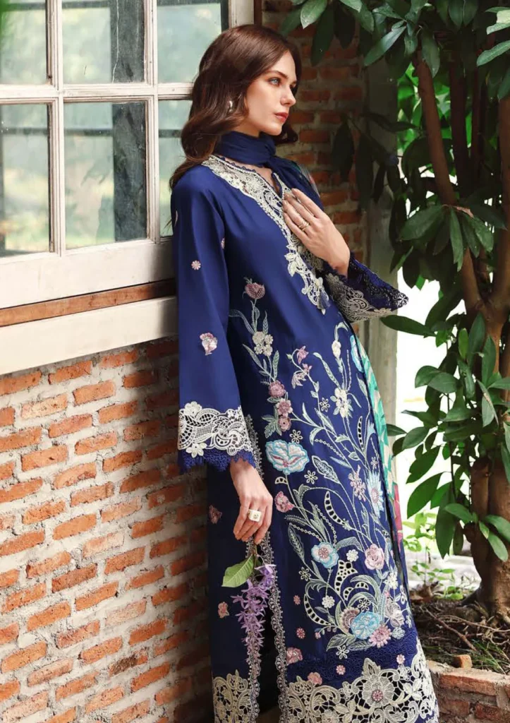 Mushq Code 7477 Dhanak Embroidered 3 Piece Suit with Printed Embroidered Shawl - Blue - alternate view