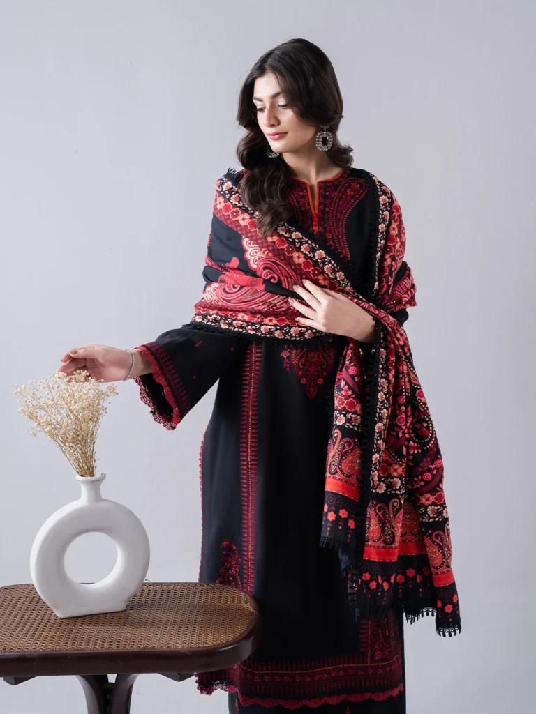 Jazmin 3-Piece Embroidered Dhanak Suit with Printed Shawl – Code 1273 - alternate view