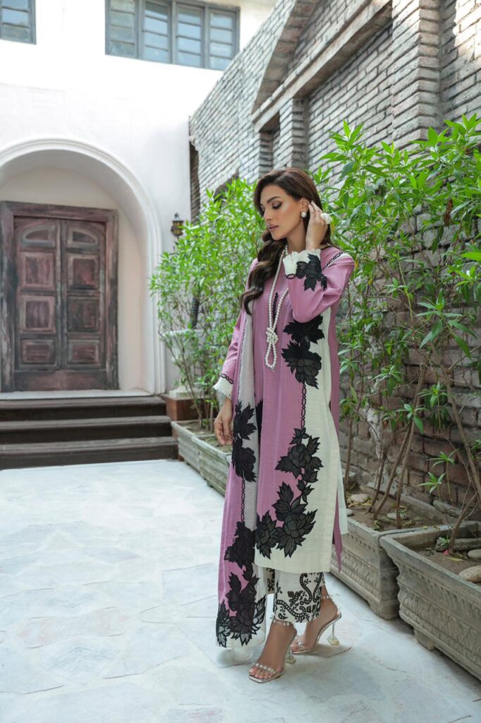 Sapphire Digital Printed Karandi 3 Piece Suit with Printed Shawl - Pink - alternate view