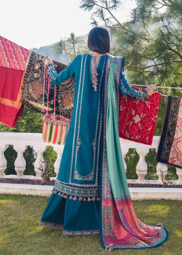 Hussain Rehar 3-Piece Embroidered Dhanak Suit with Printed Ready-to-Wear Shawl – Code 843 - alternate view