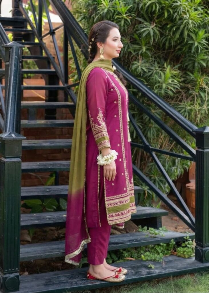 Omal Komal 3-Piece Dhanak Embroidered Suit with Printed Embroidered Shawl – Code 121311 - alternate view