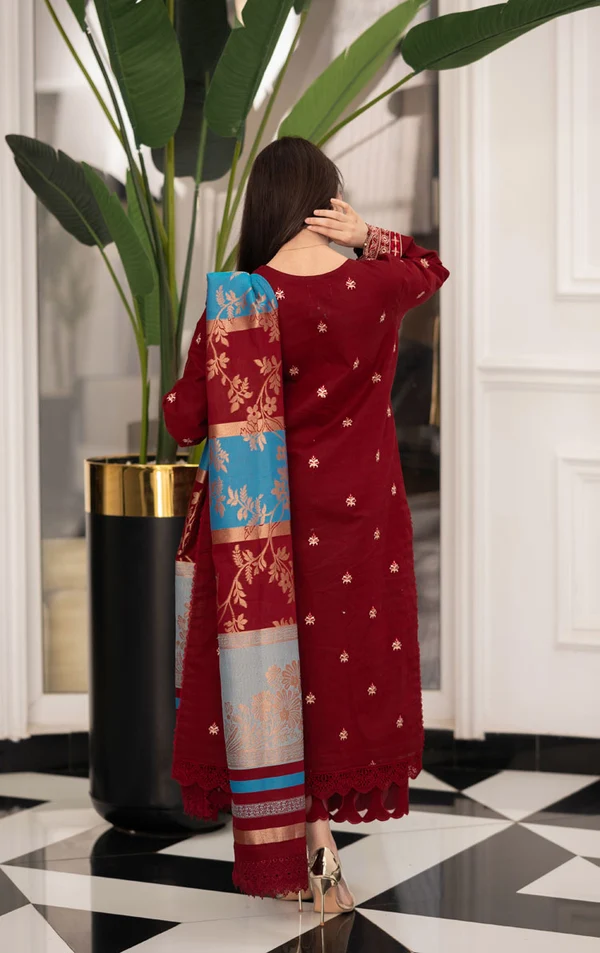 A Sling 3-Piece Dhanak Embroidered Suit with Printed Shawl – Code 3267 - alternate view