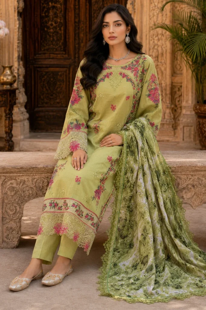 Azure Code 3594 Dhanak Embroidered 3 Piece Suit with Printed Embroidered Shawl - Green - alternate view