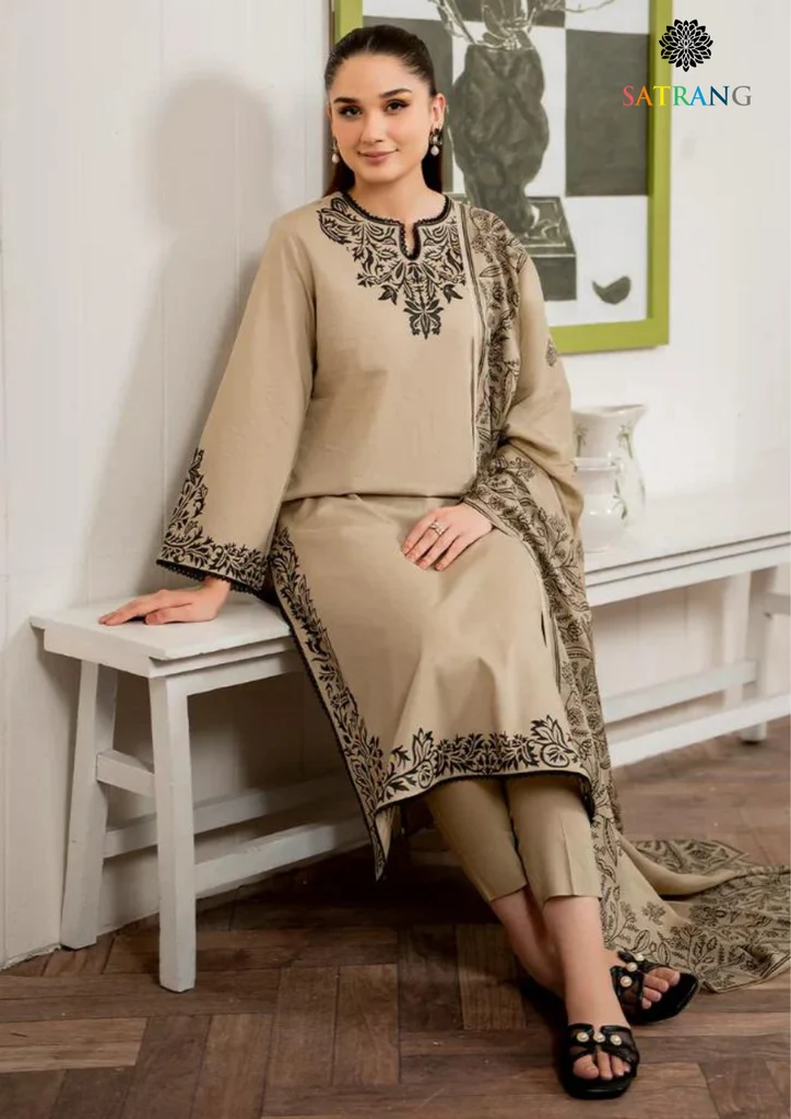 Agha Noor 3-Piece Embroidered Dhanak Suit with Printed Ready-to-Wear Shawl – Code 852 - alternate view