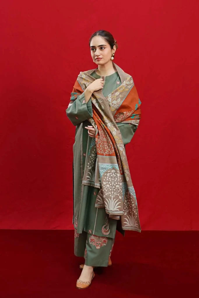 Urge Code 0526 Dhanak Embroidered 3 Piece Suit with Printed Embroidered Shawl - Light Green - alternate view