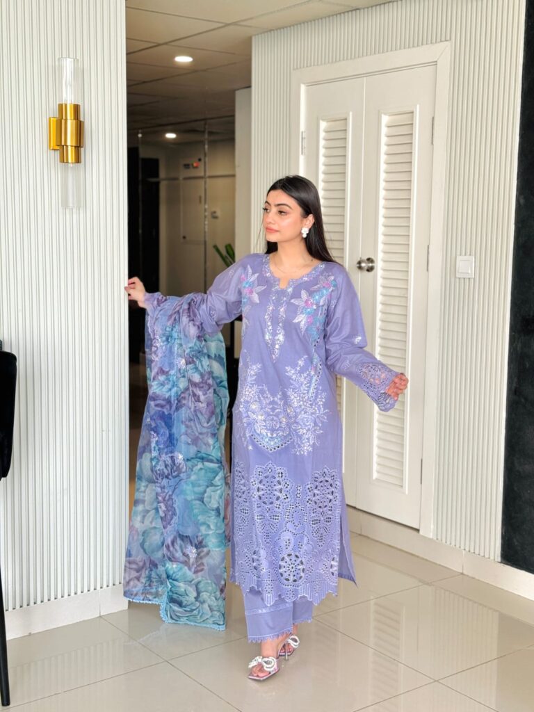 Mushq Code 3607 Dhanak Embroidered 3 Piece Suit with Printed Embroidered Shawl - Purple - alternate view