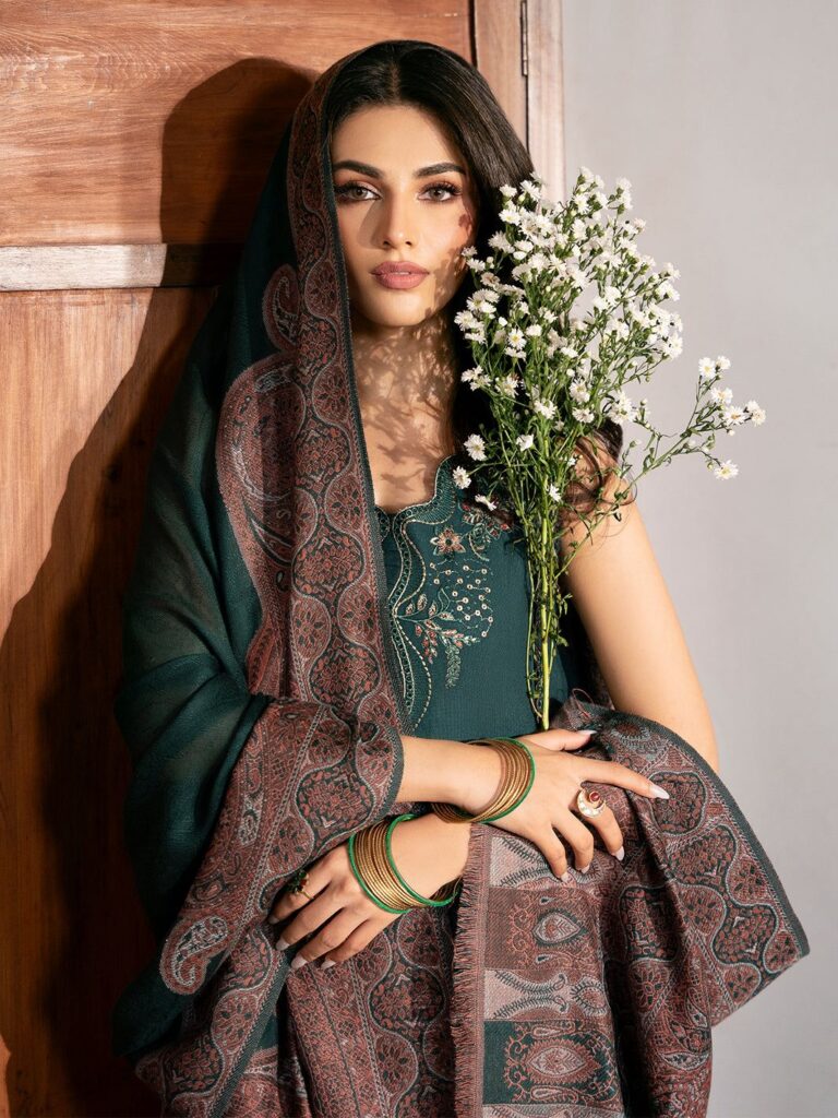 Izel 3-Piece Dhanak Embroidered Suit with Printed Embroidered Shawl – Code 1274 - alternate view