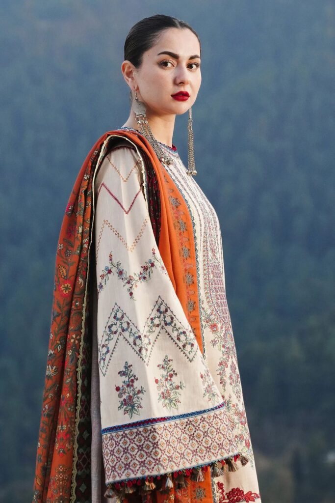 Hussain Rehar 3-Piece Dhanak Embroidered Suit with Printed Embroidered Shawl – Code 1262 - alternate view