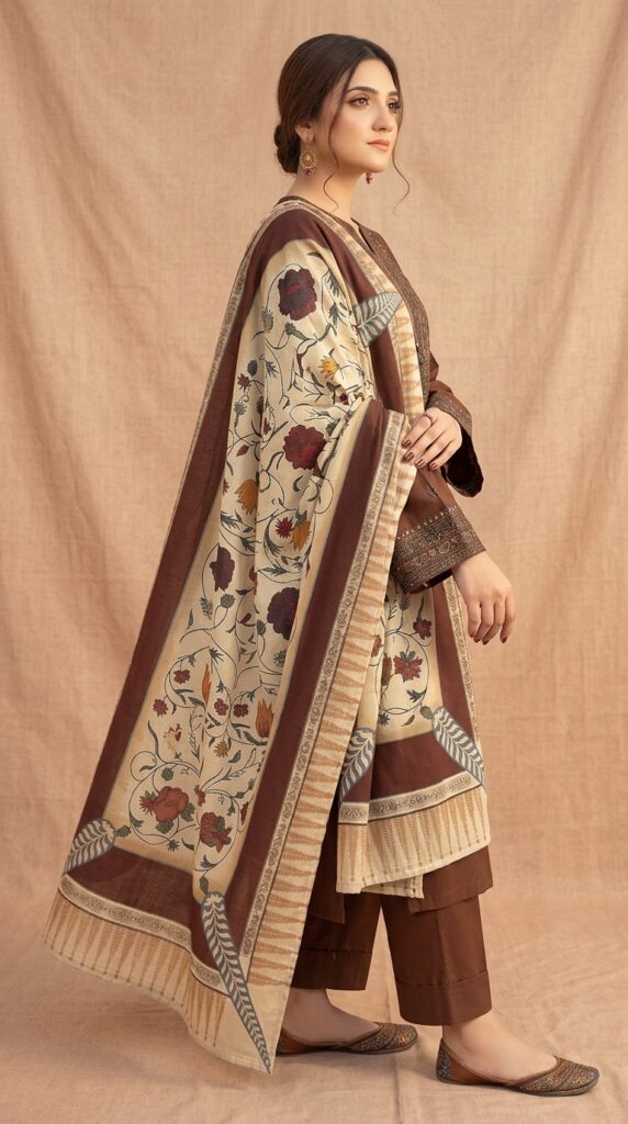 Urge 3-Piece Dhanak Embroidered Suit with Printed Embroidered Shawl - alternate view