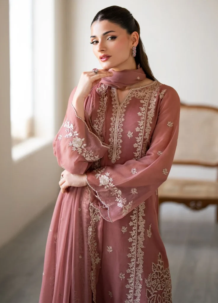 Azure 3-Piece Heavy Embroidered Dhanak Suit – Code 3710 - alternate view
