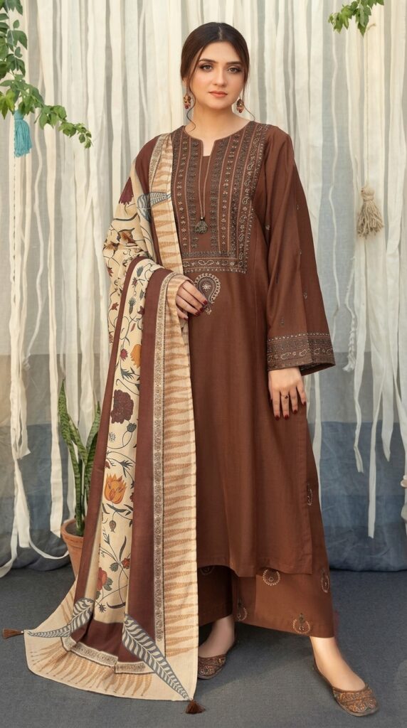 Urge 3-Piece Dhanak Embroidered Suit Front View