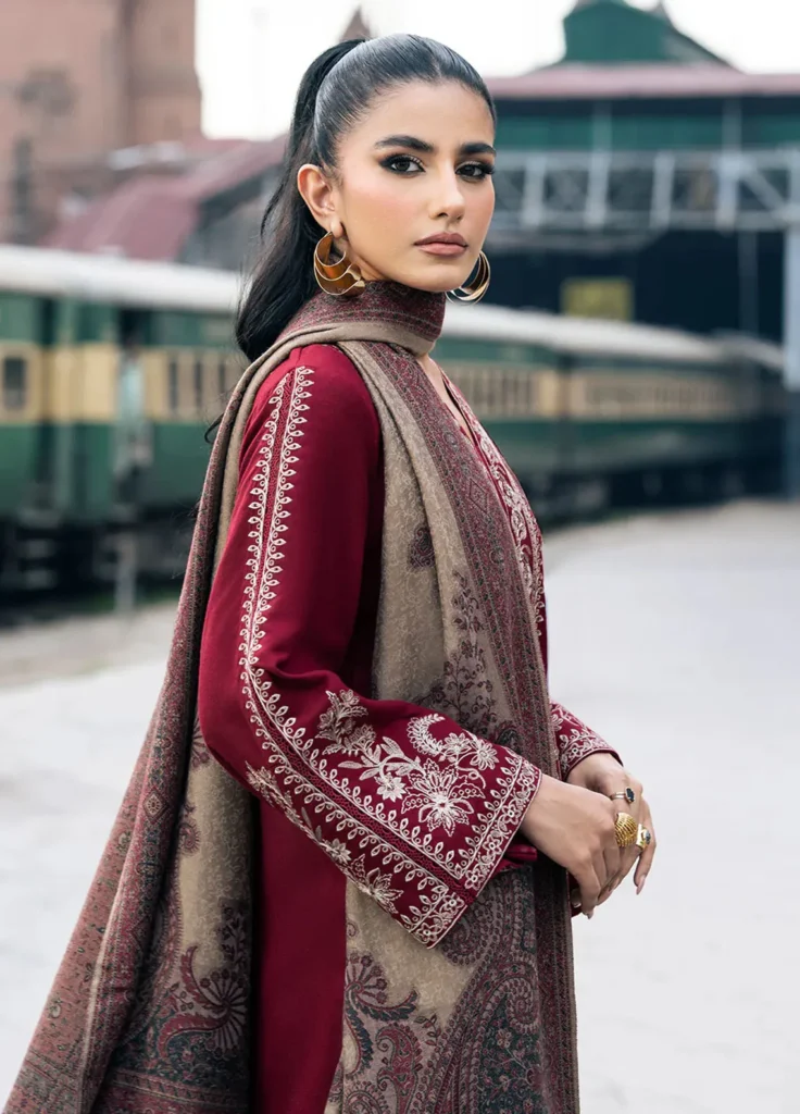Sapphire 3-Piece Dhanak Embroidered Suit with Printed Shawl - alternate view