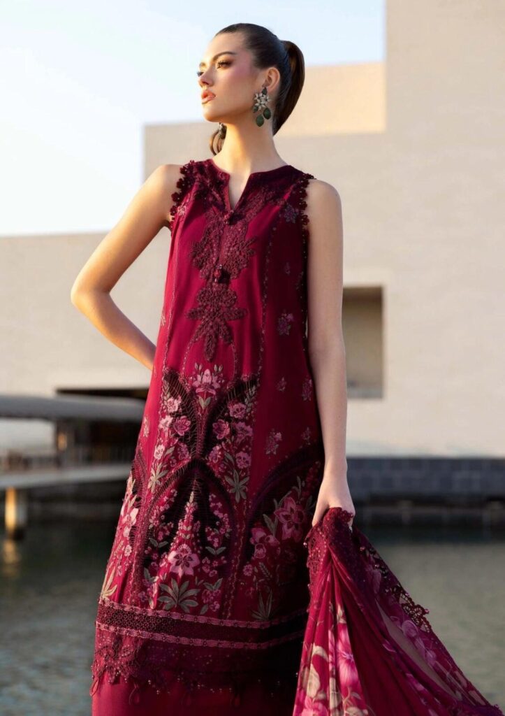 Maria B Code 3591 Dhanak Embroidered 3 Piece Suit with Printed Embroidered Shawl - Maroon - alternate view